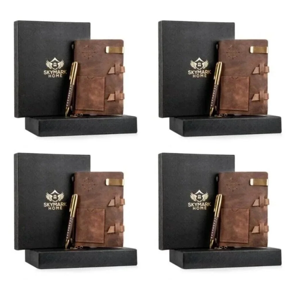 Set of 4 Handcrafted 100% Genuine Leather Notebook Journal Brown Gift Set w/Pen